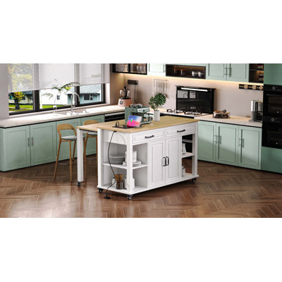 K&K 47 Inch Kitchen Island With Extendable Dining Table, Rubber Wood Veneer Kitchen Table With Internal Storage Rack, Power Outlet, Kitchen Island With Storage 2 Drawers 2 Cabinet,White