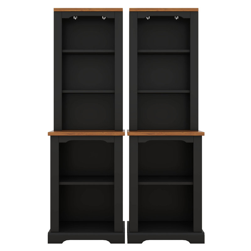 2-Piece Tall Freestanding Cabinet Set With Walnut Top, Open Storage Bookshelf With Curved Design, Anti-Tip Device, Black