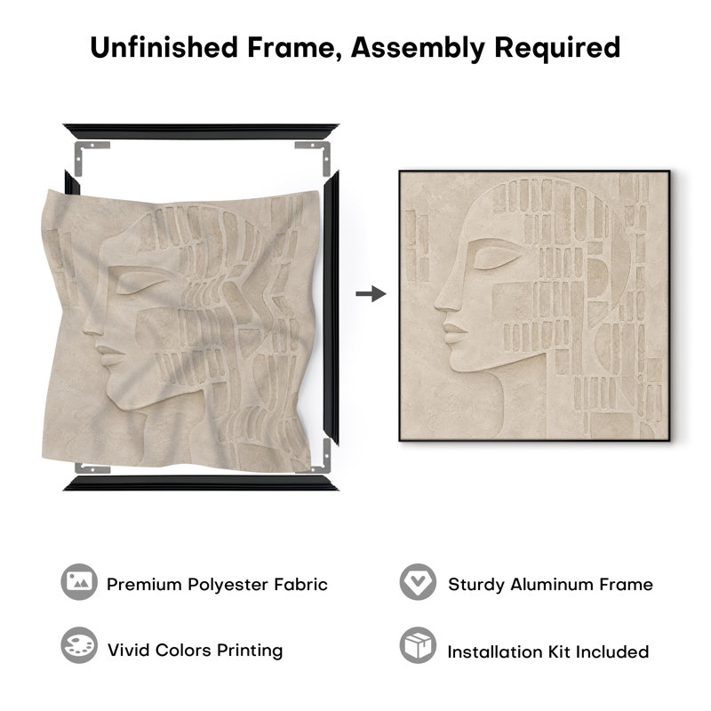 Impression sur tissu grand format - Motif géométrique visage de femme beige neutre pour salon ou chambre - « Assemblage du cadre requis (cadre non fini) »