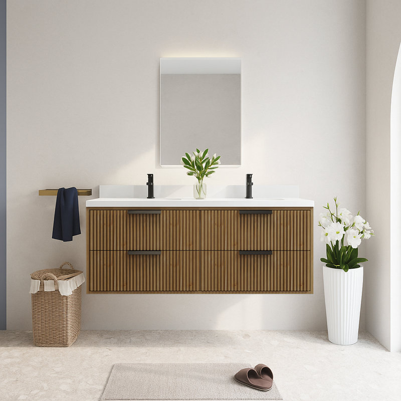 Maxbano 55" Floating Bathroom Vanity with Double White Sinks, Walnut, Black