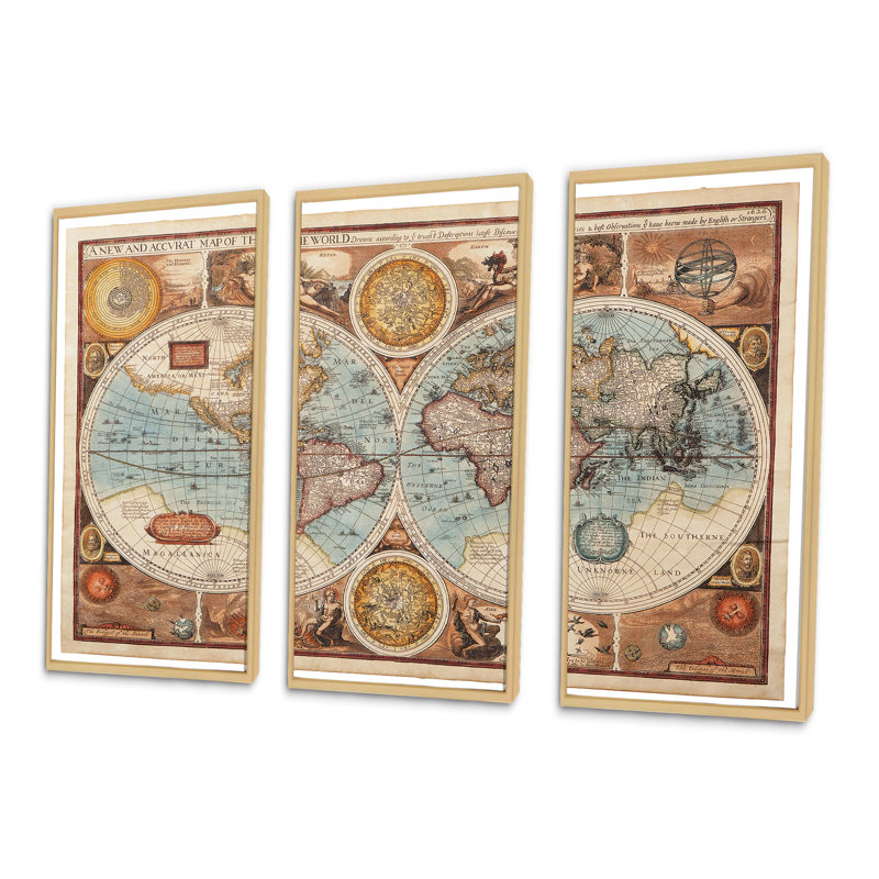 Ancienne carte du monde, impression sur toile, cadre flottant 3 pièces, Cadre doré, H 20 po x l 36 po