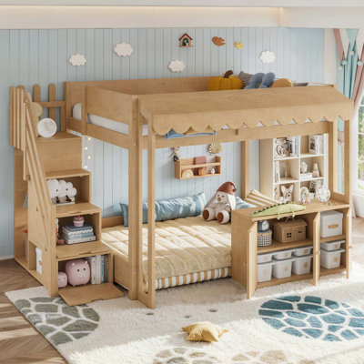 Lit mezzanine avec escalier de rangement Playhouse, lit mezzanine pour enfants en bois massif avec comptoir de commodité, espace sous le lit convertible pour dormir ou jouer. Naturel