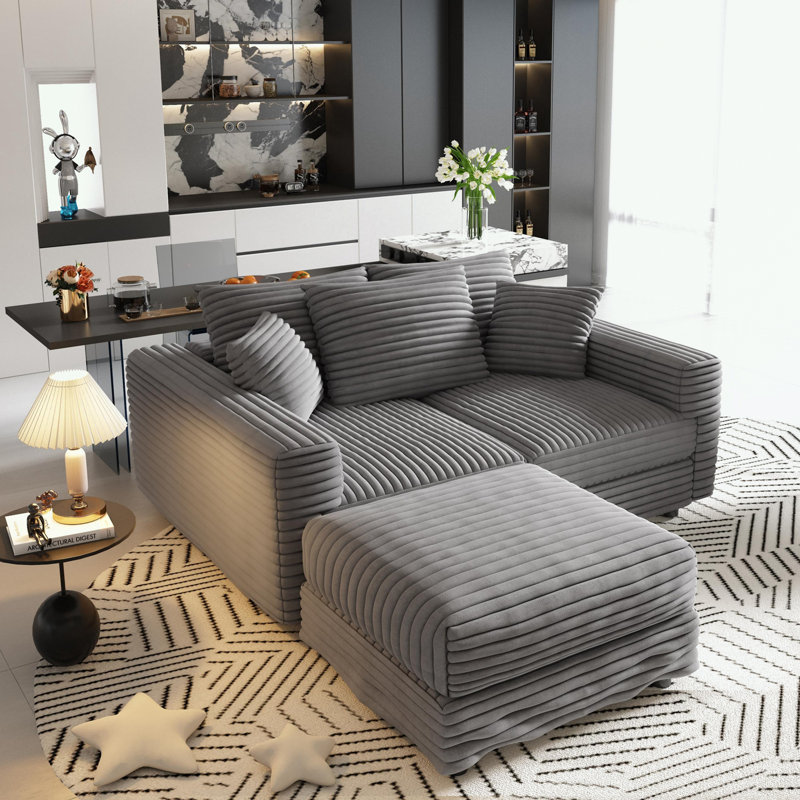 Plush Corduroy 3-Seat Sofa with Soft Pillows and 1 Ottoman, Gray Corduroy