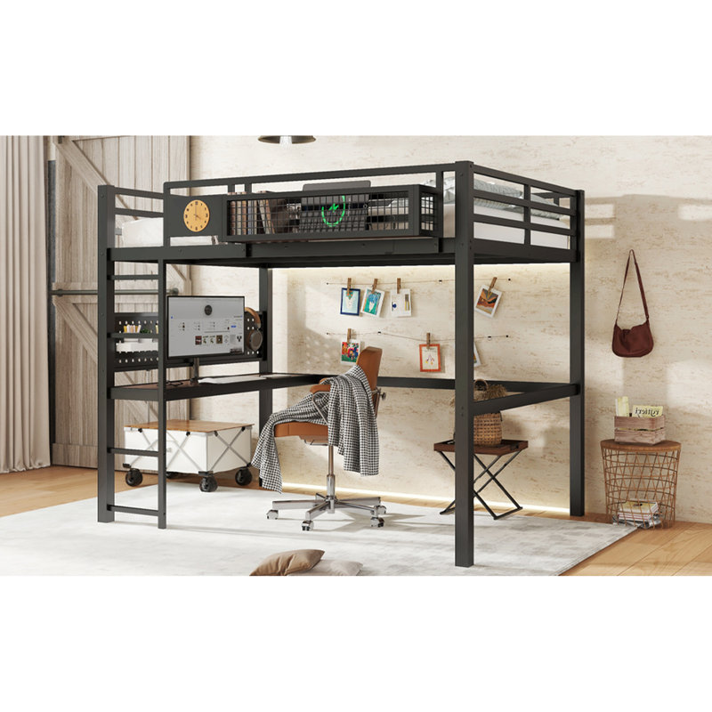 Structure de lit double pleine grandeur avec bureau, panier de rangement, lit mezzanine en métal avec horloge et port de charge
