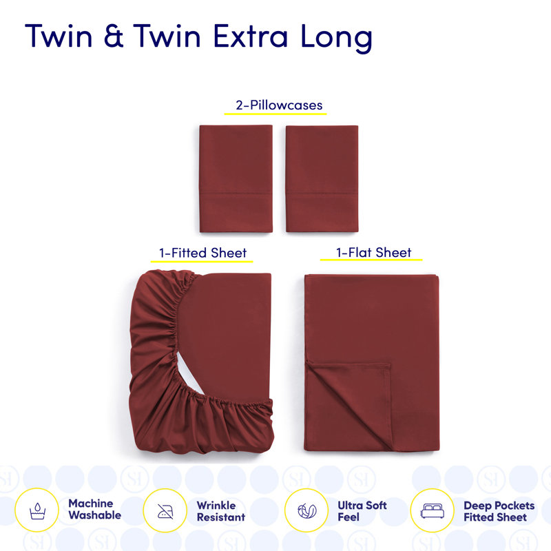Ensemble de draps luxueux en microfibre douce avec taies d'oreiller en prime, Bourgogne