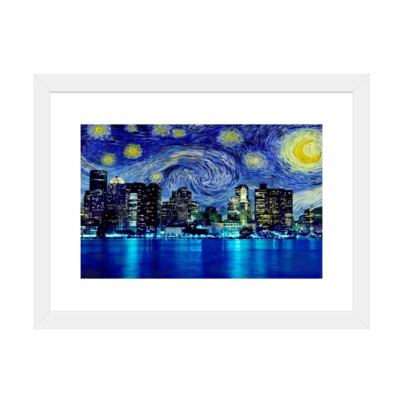 Boston, Massachusetts, nuit étoilée, impression d'art graphique, H 16 po x l 24 po x P 1 po, Papier encadré blanc