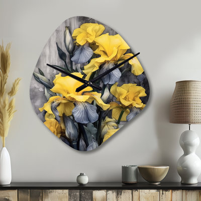 Horloge murale asymétrique en métal jaune et gris avec motif d'iris I