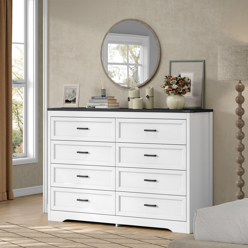 Commode double à 8 tiroirs, commode de chambre de 137 cm de large avec un grand espace de rangement pour la chambre à coucher