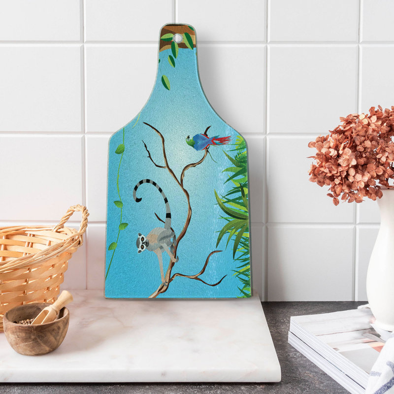 Ambesonne Lemur Tempered Glass Cutting Board Tropical Botanical Parrot Umber Forest Green