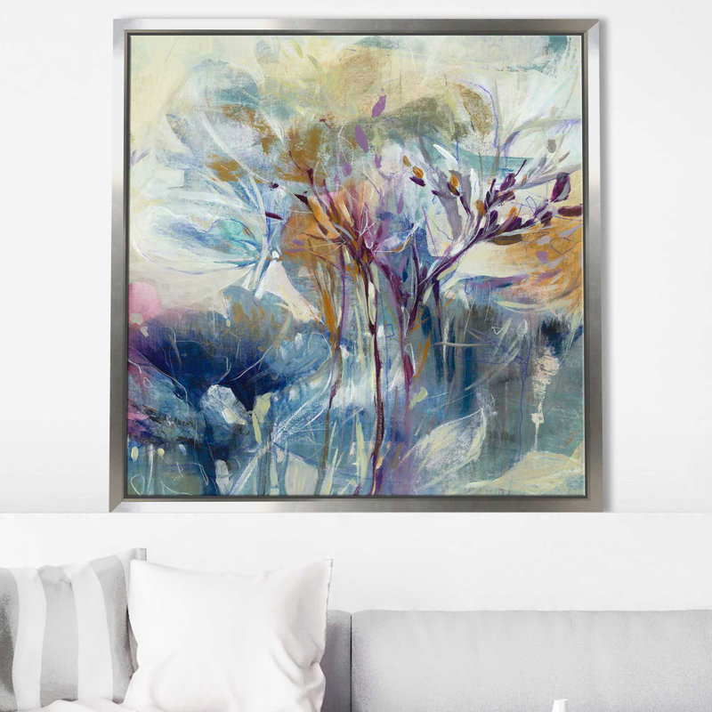 «Meadow Safran II» par K.Nari - Peinture, Cadre flottant argent, H 21,5 po x l 21,5 po x P 2 po