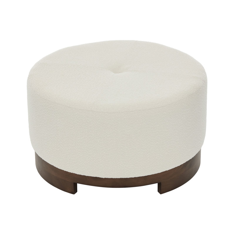 Elmcrest Round Mid-century Modern Upholstered Ottoman with Solid Wood Base, Beige Boucle