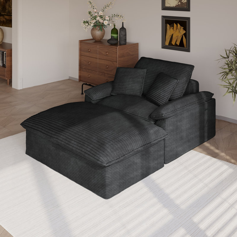 Chaise longue rembourrée avec repose-pieds Corduroy, Noir