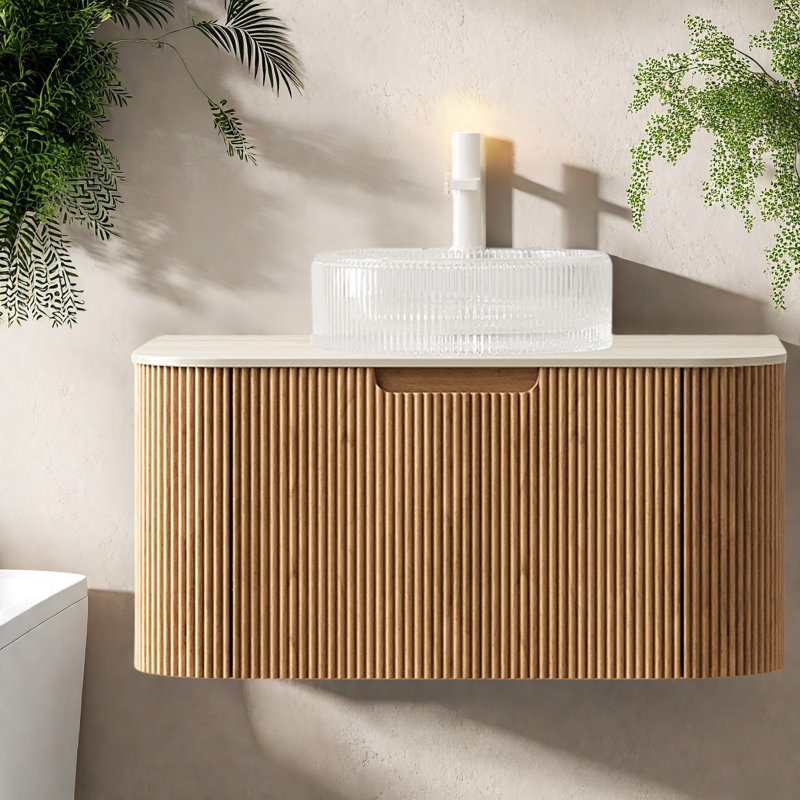 Meuble-lavabo flottant moderne avec lavabo en verre, conception à grain de bois pour la salle de bain