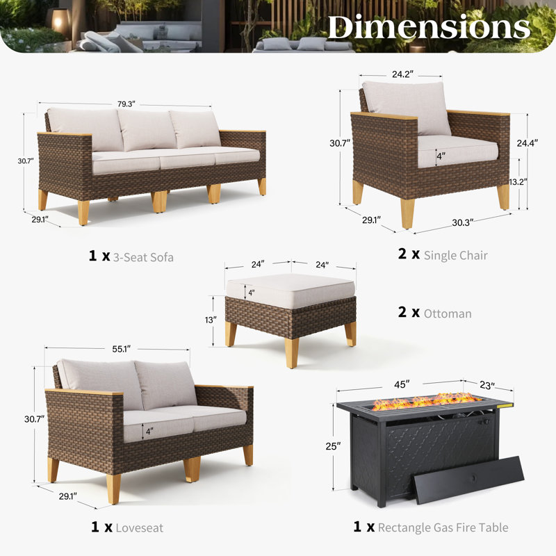 Ensemble de conversation modulaire en osier pour l'extérieur avec table pour foyer 9 personnes Lonsdale, Beige