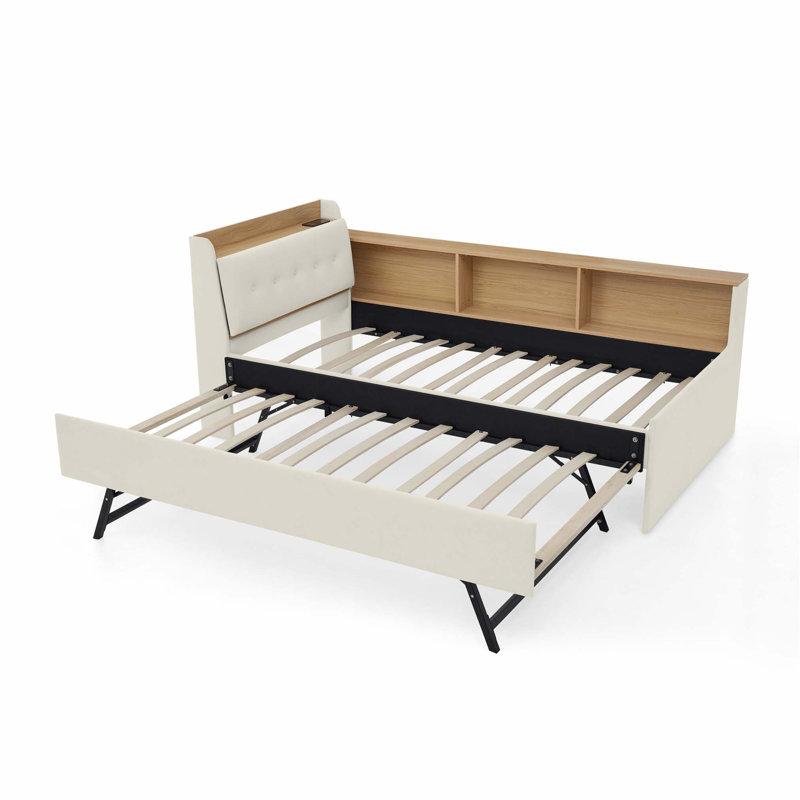 Twin Size Velvet Daybed with Adjustable Height, Storage Headboard, Trundle, LED Lights and Wireless Charging., Beige