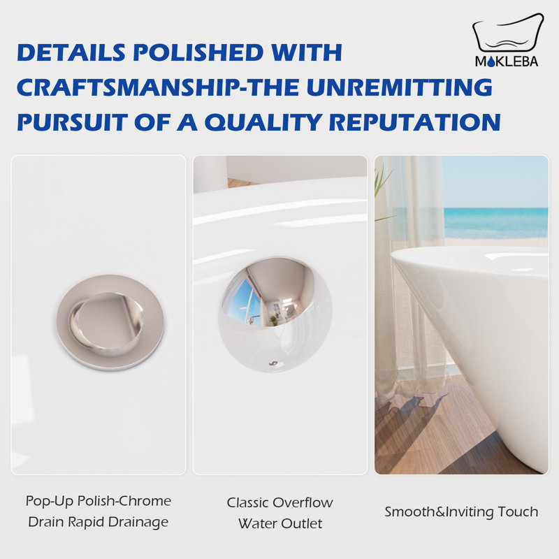 65''L x30''W Freestanding Acrylic Slipper Soaking Bathtub, Chrome Drain & Pearl-Shaped Overflow, Modern Design for Luxury Bathrooms