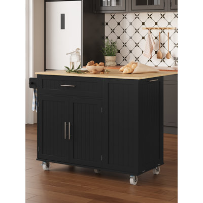Îlot de cuisine avec rangement, chariot pour îlot de cuisine sur roulettes avec plateau en bois d'hévéa à large abattant, grands îlots de cuisine mobiles avec rangement pour poubelle et barre à serviettes