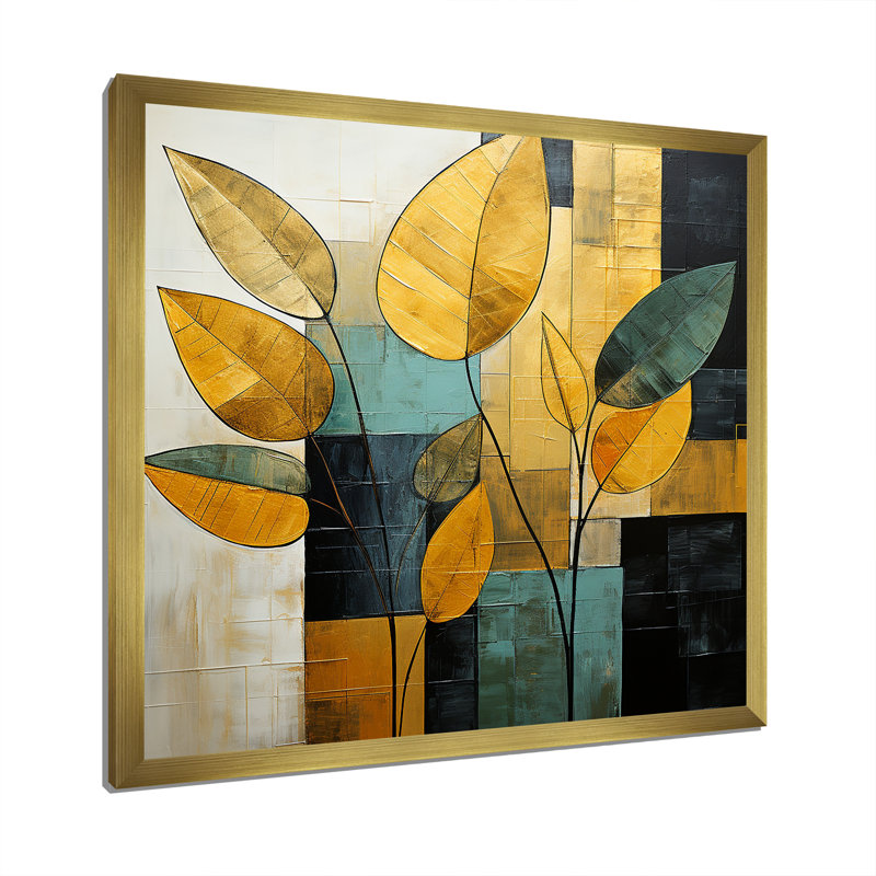 Feuillage géométrique doré sur toile, Cadre doré simple, H 24 po x l 24 po x P 1 po