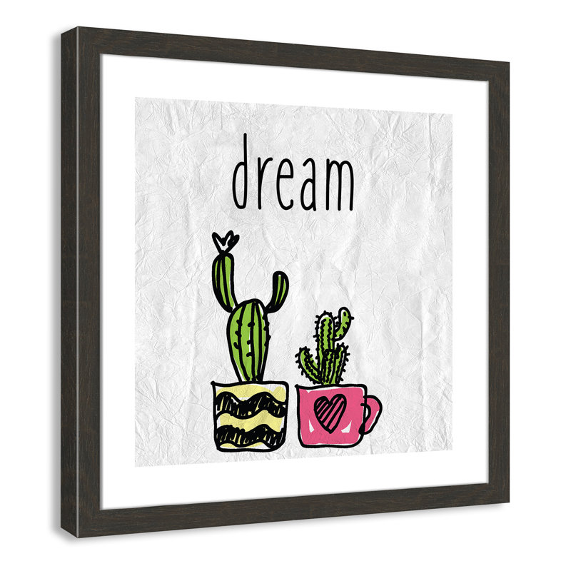 «Cacti A», art encadré, H 22,5 po x l 22,5 po x P 0,6 po, Cadre plat à grain de bois noir