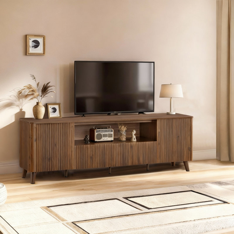 70" Modern Fluted TV Stand for TVs up to 80" with Open Storage, 2 Drawers & Adjustable Shelves, Walnut