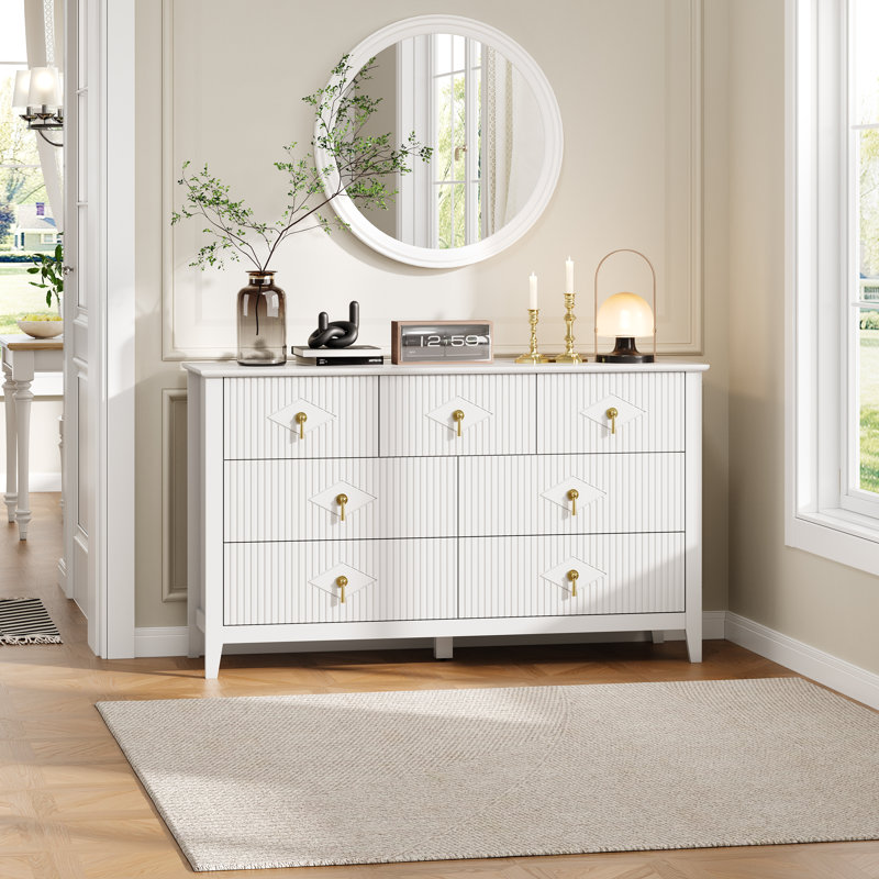 Dresser for Bedroom with 7 Drawers, 54" Wide Modern Chest of Drawers with Metal Handle, Dresser TV Stand, White