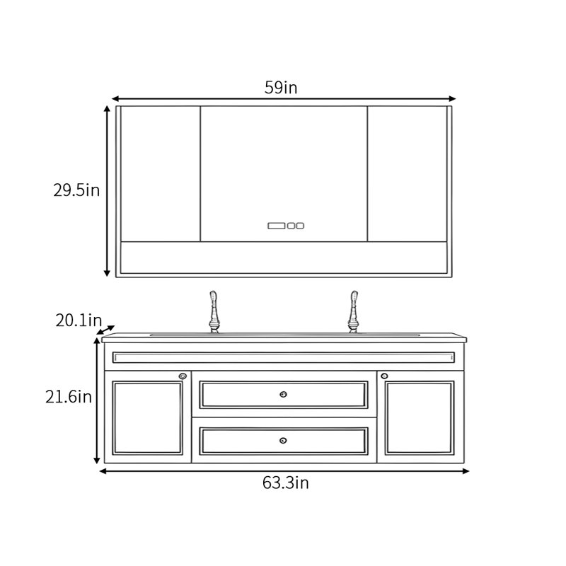 Armoire de salle de bain française de style crème minimaliste, 63"
