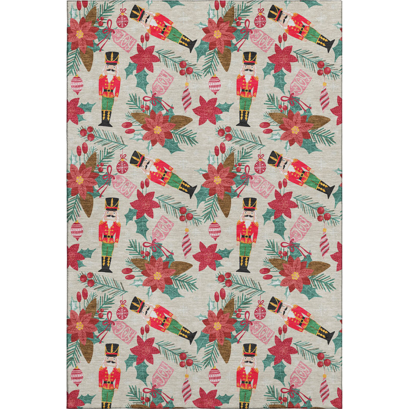 Premium Machine Washable Dockside AMF1822 Nutcracker and Poinsettia Rug, Rectangle 10' x 14'