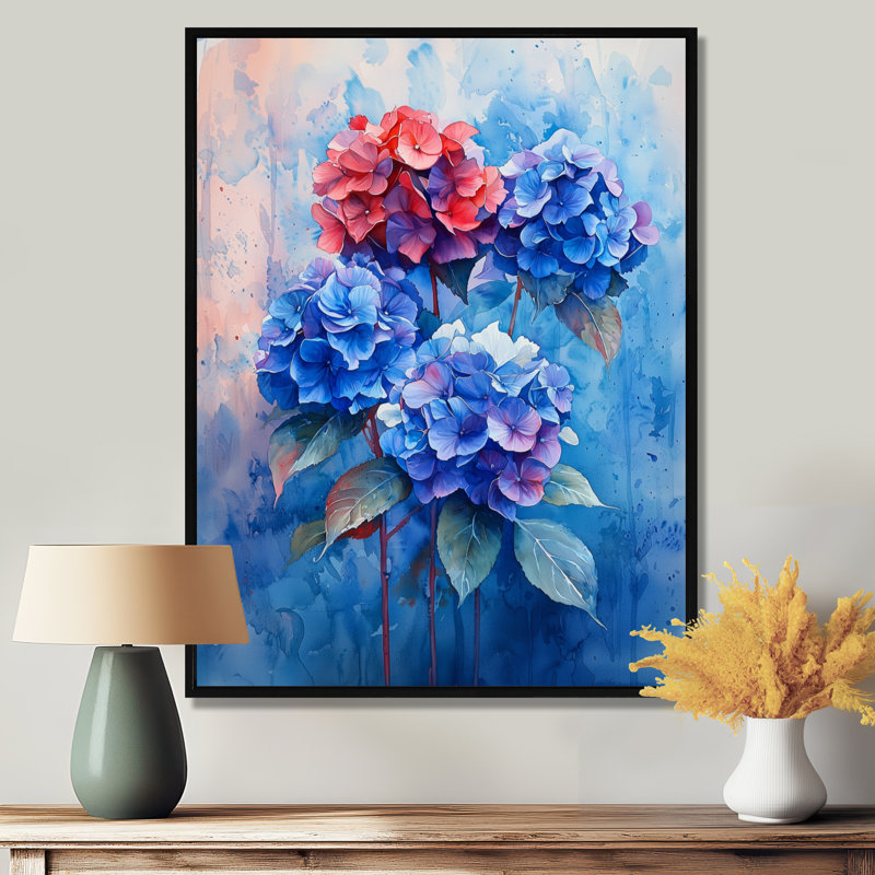 Hortensia bleu et rouge dans un style graffiti Hydrangea II - hydrangea, art mural encadré, Noir, H 20 po x l 12 po