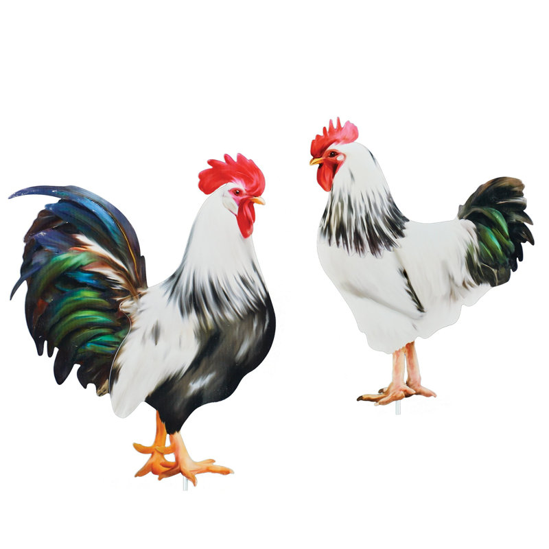 Colorful Realistic Iron Barnyard Rooster Garden Stakes - Set of 2