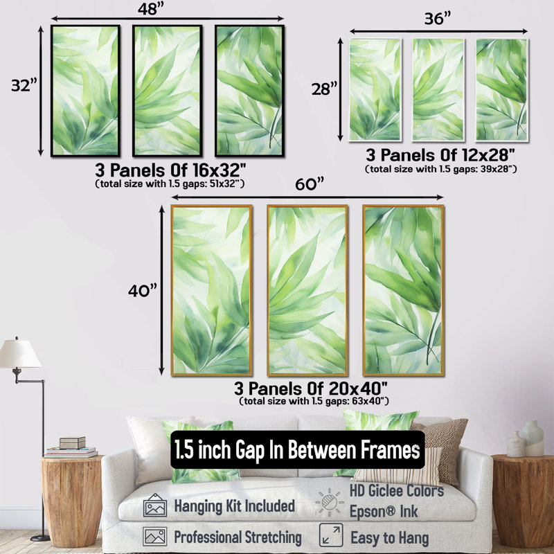 «Green Tropical Leaves in Pastel Color - Abstract Collages», art mural, H 28 po x l 36 po x P 1 po, Cadre flottant doré