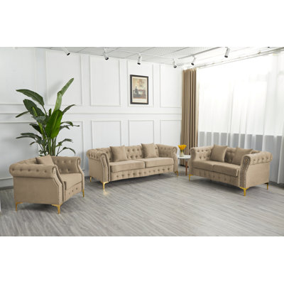 Frotten 3 Piece Velvet Chesterfield Living Room Set