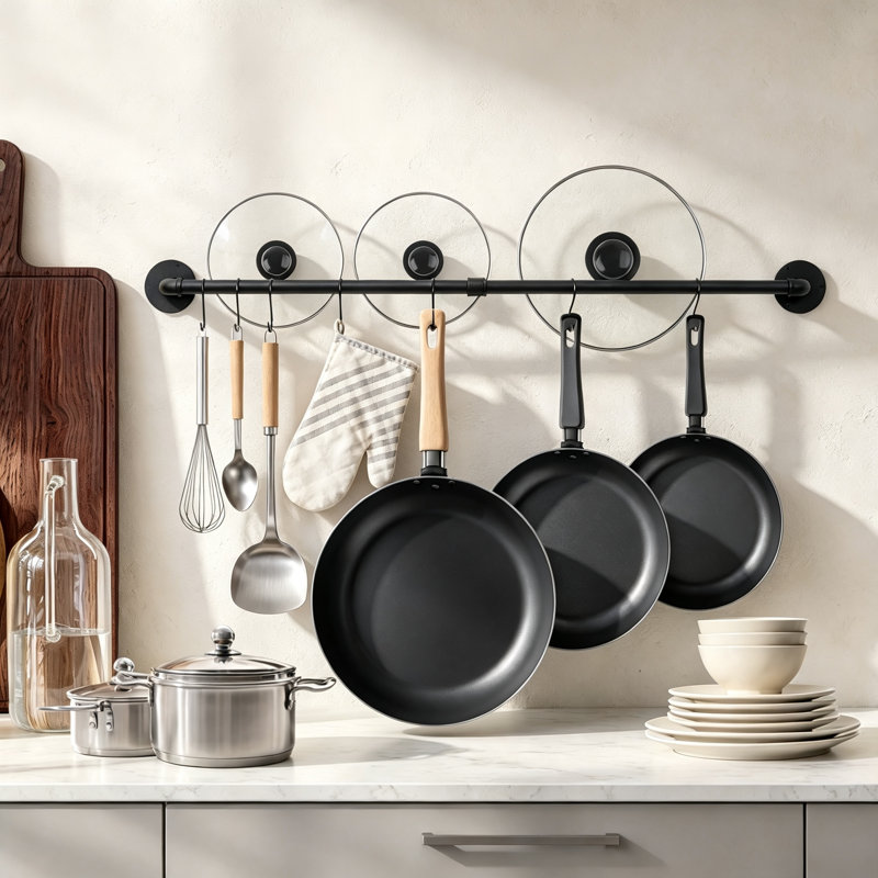 Support mural pour casseroles de 98 cm (38,5 pouces), style industriel, avec 10 crochets en S, noir