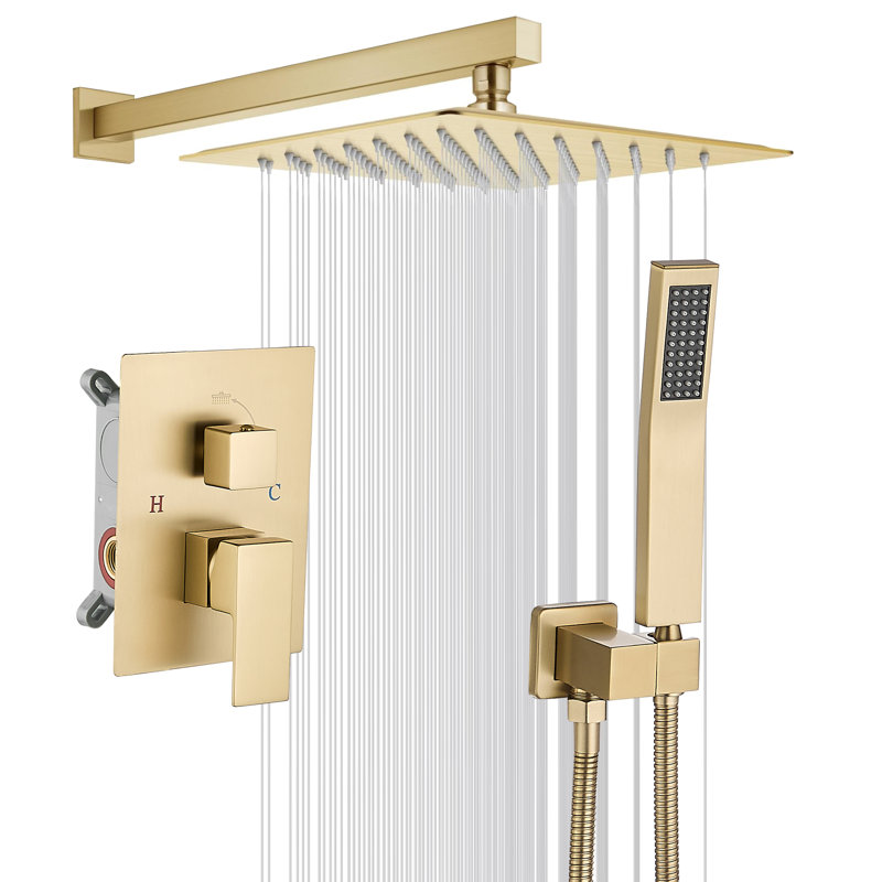 Système de douche 8000-10 pouces avec pomme de douche à pluie 10 pouces et douchette, Or brossé