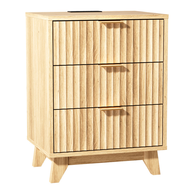 17.72 Inch 3 Drawer Grid Pattern Vredenburgh With US Standard Power Outlets, Oak