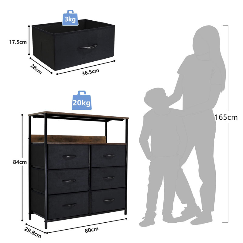 Leovani Steel 80cm W 6 - Drawer Chest of Drawers, Rustic Brown