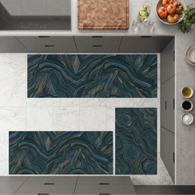 Wave Blue Non-Slip Washable Kitchen Mats