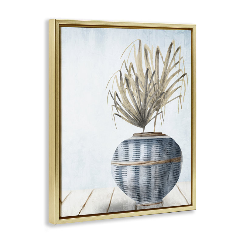 Plante dans un vase tissé, art mural encadré par Kim Allen, H 21 po x l 17 po, Cadre flottant métallique doré