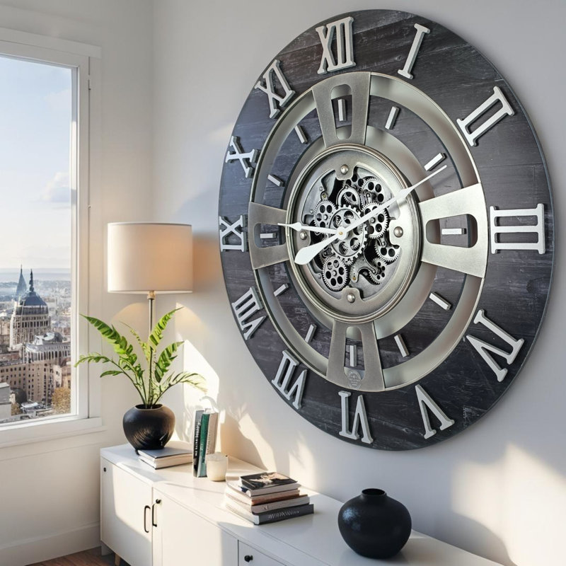 Oversized Vintage Black Wall Clock with Real Moving Gears