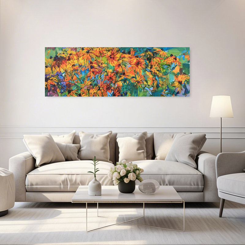 Ensoleillé, fleurs ensoleillées, art abstrait coloré d'automne impressionniste, H 60 po x l 20 po