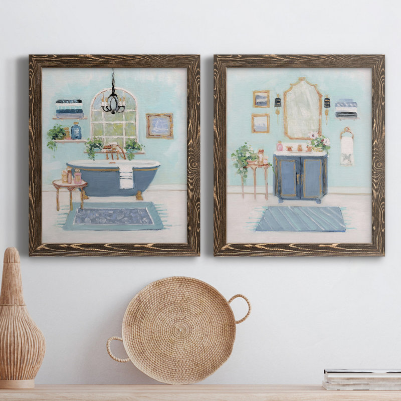 «Blue Bath I», peinture sur toile 2 pièces, H 43,5 po x l 31,5 po x P 1 po, Encadré de bois de noyer