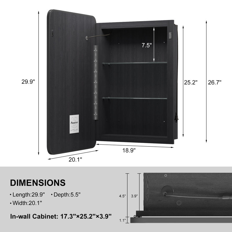 Black Bathroom Mirror Medicine Cabinet with Round Corner Framed Door, Recessed or Surface Mount, with Adjustable Glass Shelves