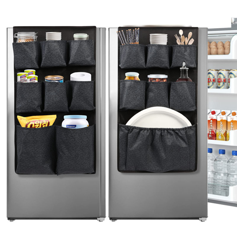 Mini Fridge Caddy Organizer Storage Bag, Over The Fridge Storage Organizer With 15 Extra Large Fabric Pockets(Black)