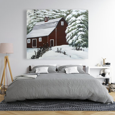 Red Barn in Snow - Trees Seasons Canvas - Home Decor Art