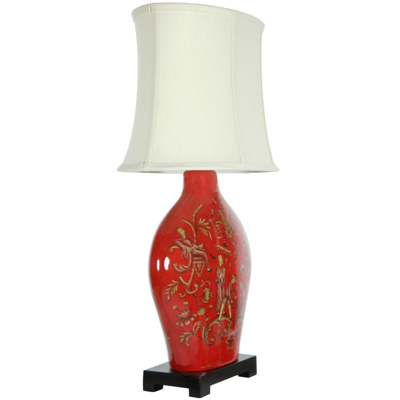 Red Porcelain Table Lamp with Off-White Shade, 27"