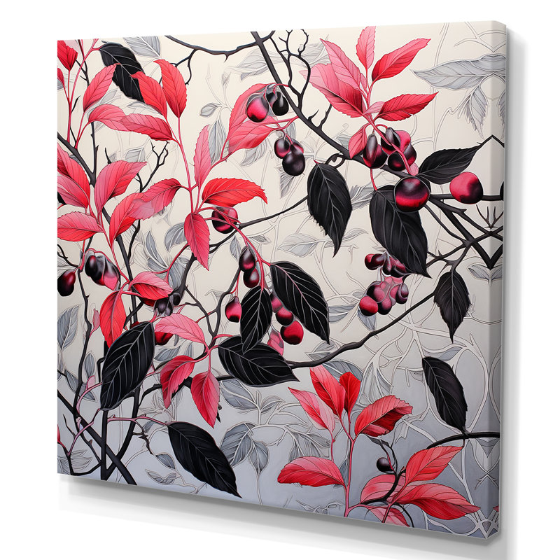 Feuilles botaniques rouges et noires minimalistes II, H 36 po x l 36 po x P 1,5 po, Toile tendue