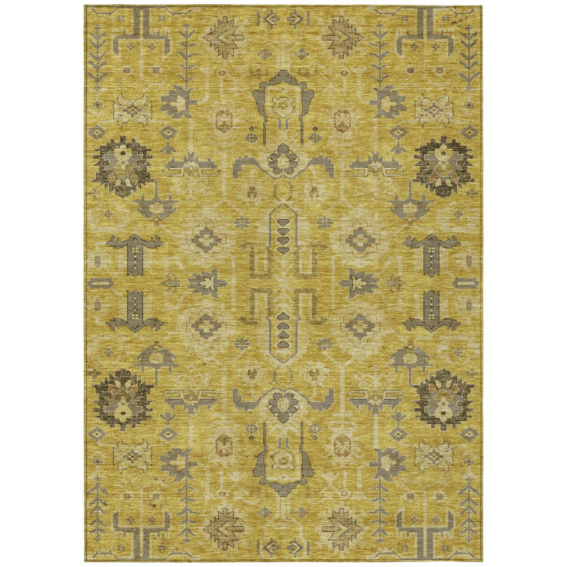 3' X 5' Gold Wheat And Gray Oriental Washable Indoor Outdoor Area Rug