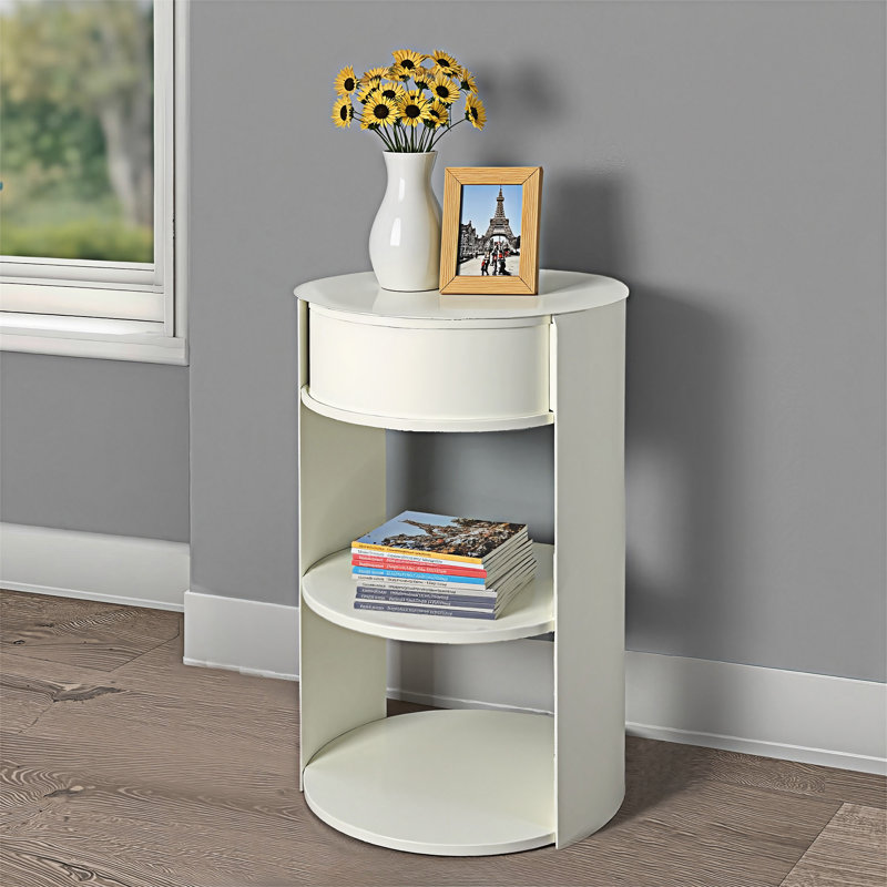 Table basse ronde en métal avec armoire à porte coulissante, Blanc mat