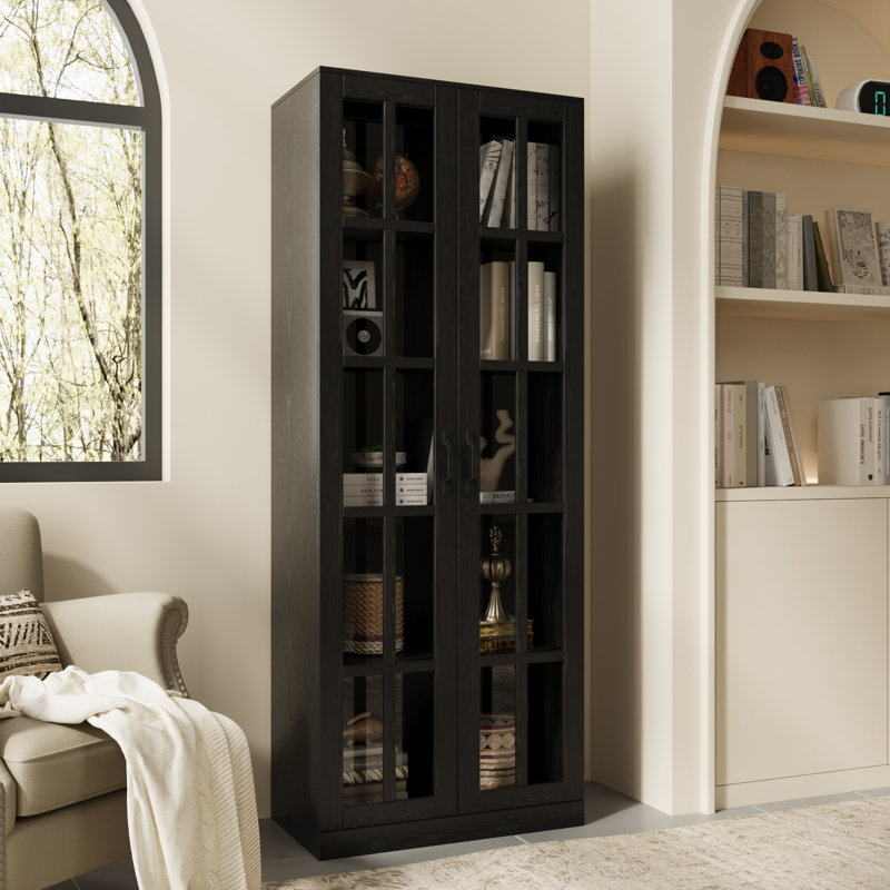  Garde-manger 71 po x l 23,6 po avec bibliothèques et huche de porte en verre, Noir