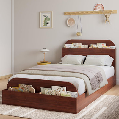 Bed Frame with Storage Headboard and Footboard, Low Platform Bed for Bedroom, No Box Spring Needed