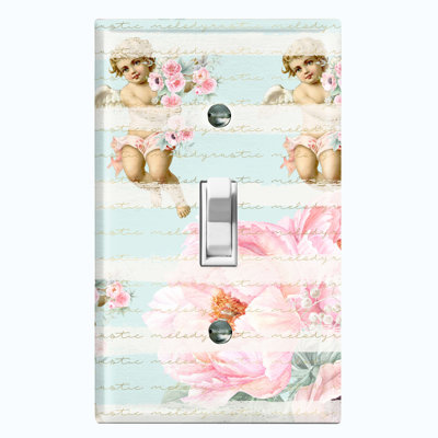Metal Light Switch Plate Outlet Cover (Valentine Angel Cupid Vintage Cherub Flowers Pink Stripes Blue  - Single Toggle)